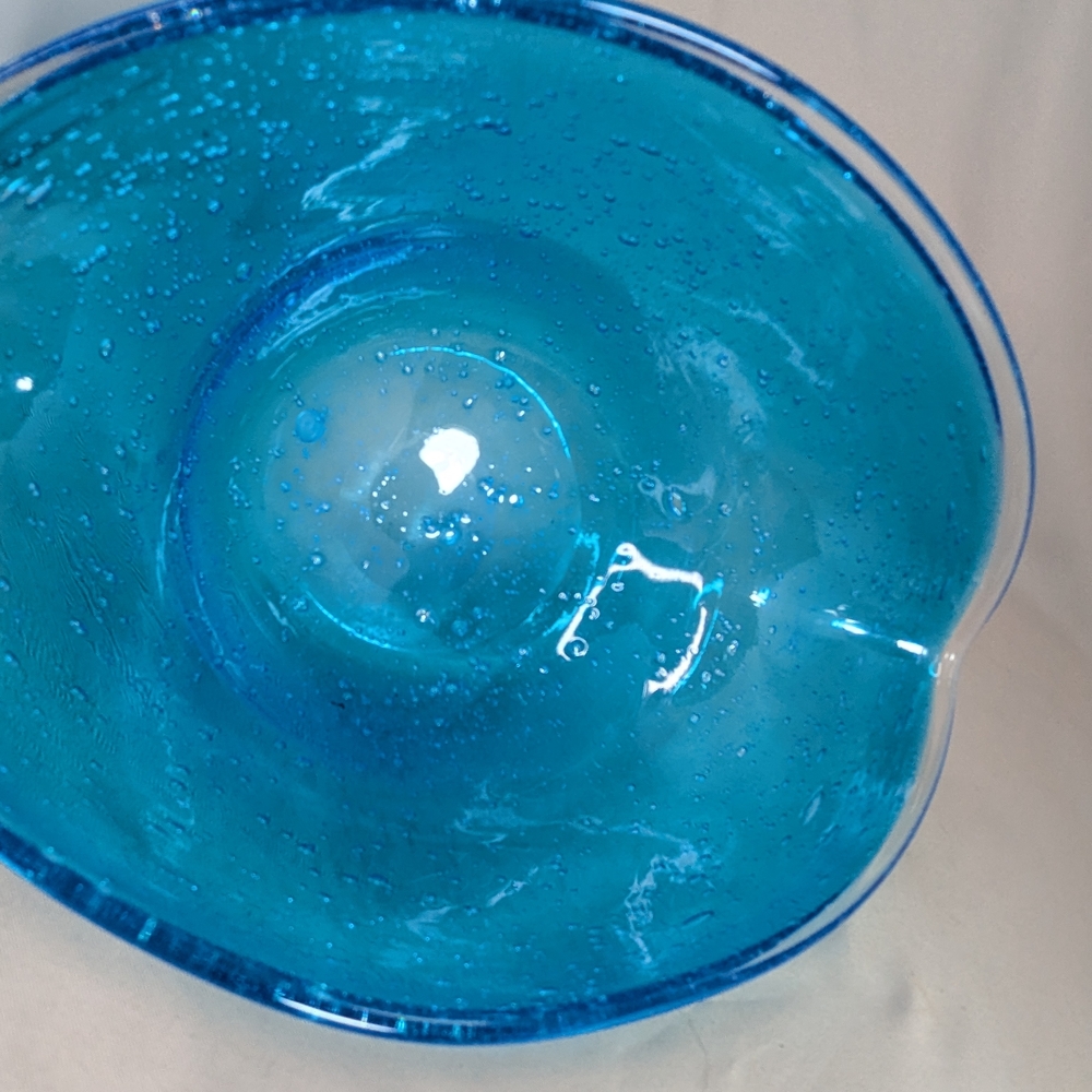Vtg Blue Bubbled Glass Bowl Art Oblong Candy Dish Flower Vase Fruit Bowl - Picture 13 of 16